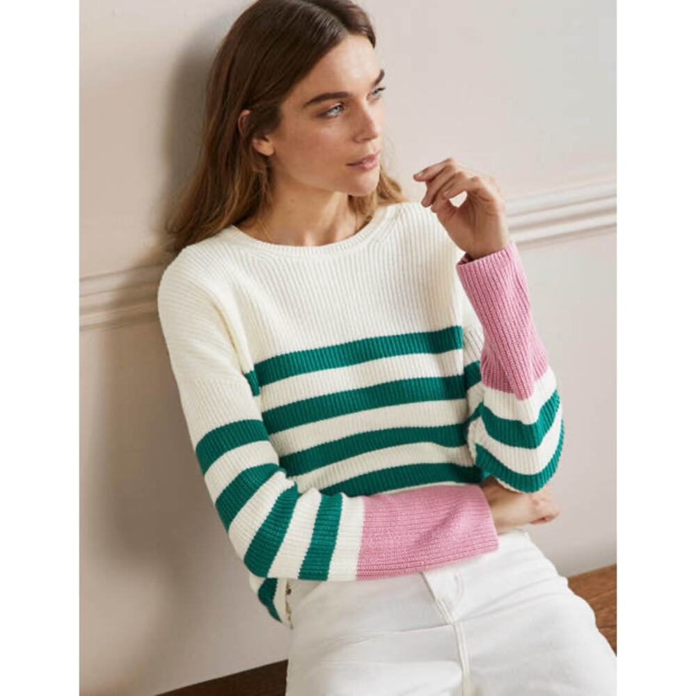 Boden Striped Wide-sleeve Sweater with a Crew Neck and Color-block Cuffs Size 8✨